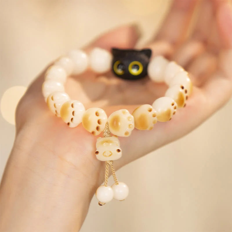 Buddha Stones Natural Bodhi Seed Red Sandalwood Lovely Paw Lucky Cat Peace Bracelet