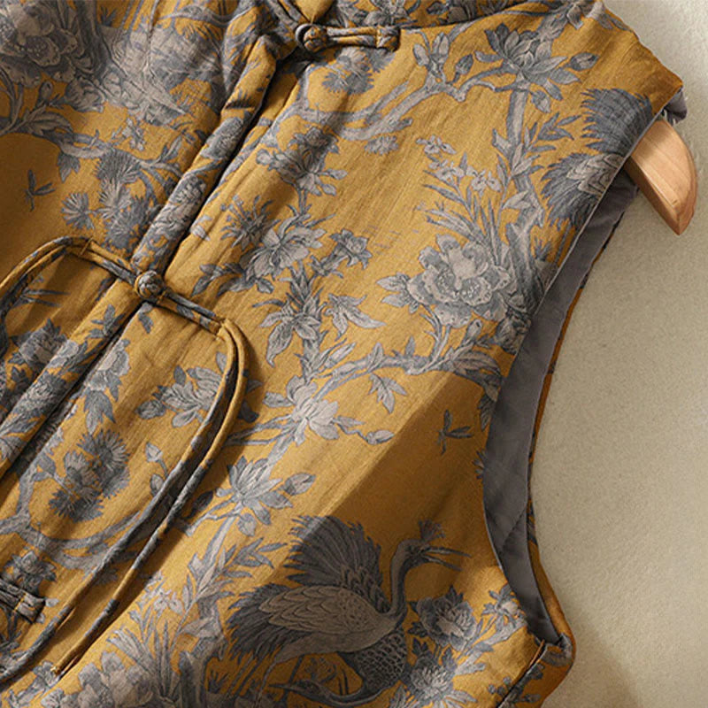 Buddha Stones Crane Flowers Branches Frog-Button Pattern Cotton Women's Sleeveless Vest Waistcoat