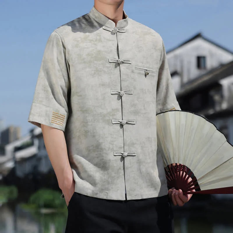 Buddha Stones Frog-Button Mottled Pattern Embroidery Short Sleeve Tang Suit Men's Linen Shirt