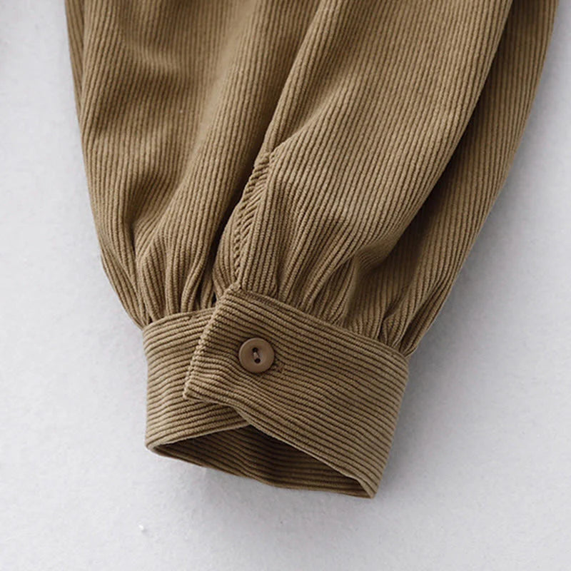 Buddha Stones Tan Solid Color Corduroy Puff Long Sleeve Midi Dress