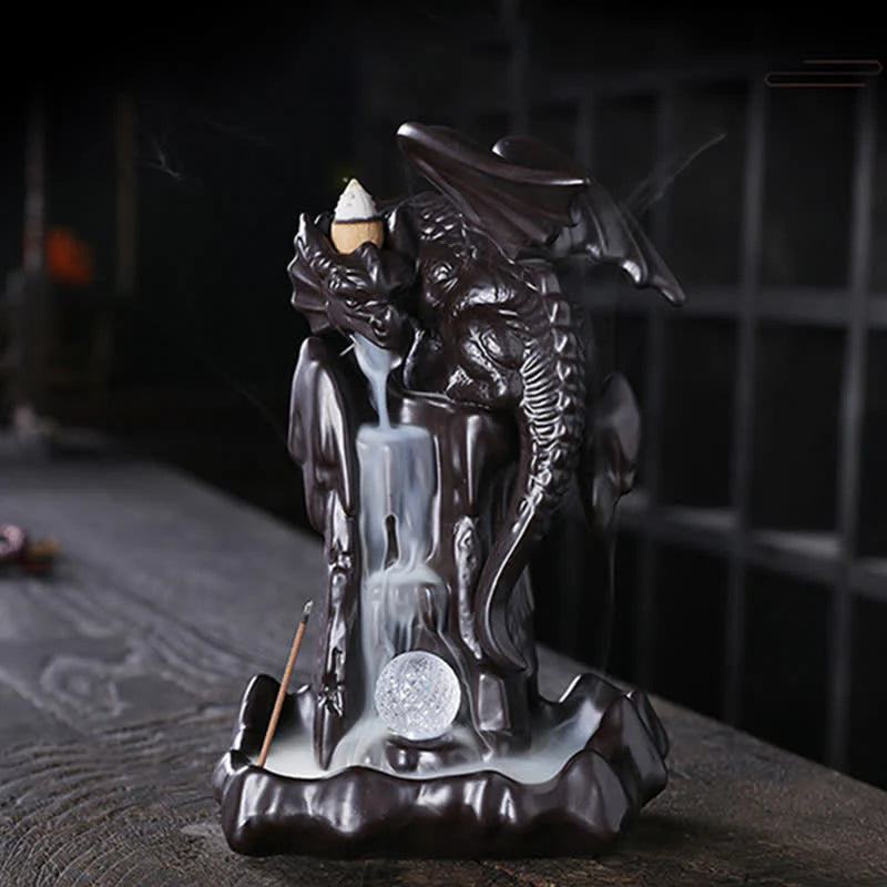Buddha Stones Nordic Dragon Ceramic Backflow Smoke Fountain Meditation Healing Incense Burner Led Ball Decoration