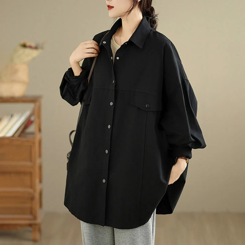 Buddha Stones Fall Pure Color Lapel Button Simple Design Women's Cotton Long Sleeve Jacket