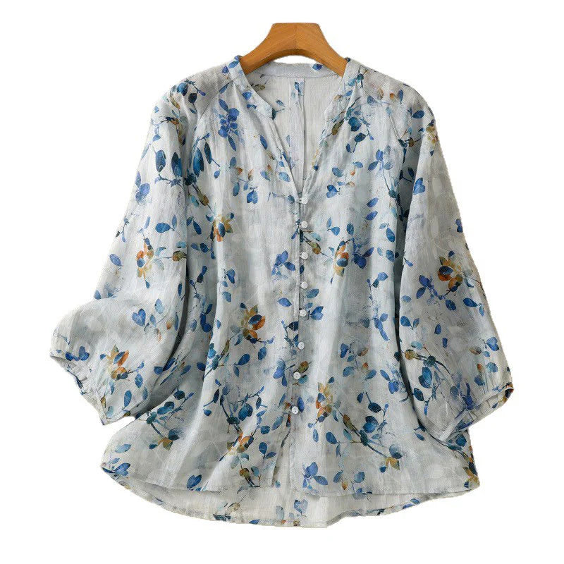 Buddha Stones Blue Floral V-Neck Three Quarter Sleeve Women's Cotton Shirt