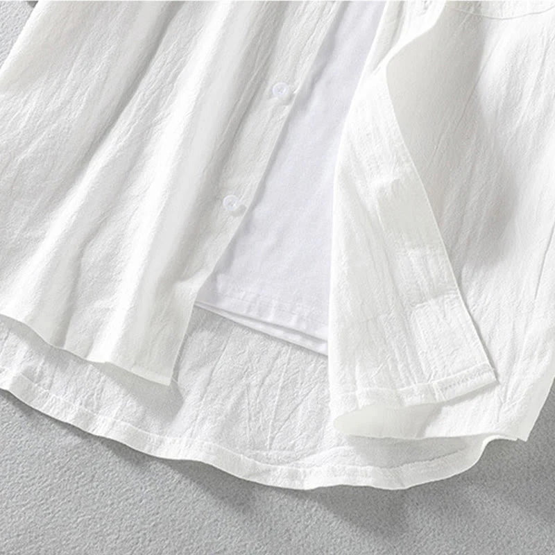 Buddha Stones Summer Solid Men's Buttons Half Sleeve Cotton Linen Shirt