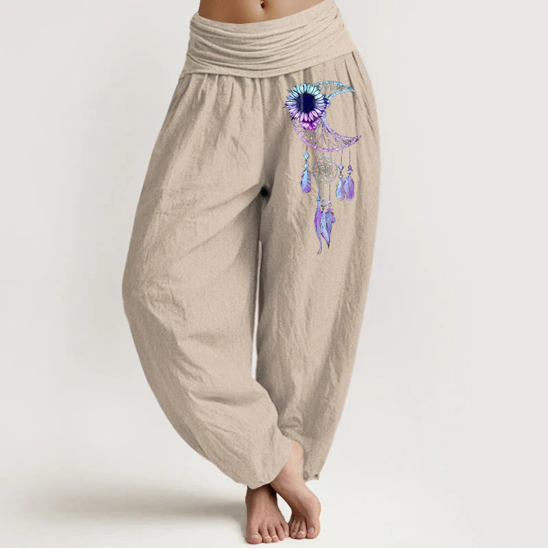 Buddha Stones Pure Cotton Elegant Moon Flower Feather Pattern Women's Elastic Waist Harem Pants
