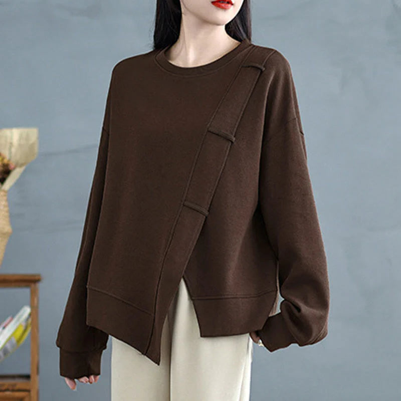 Buddha Stones Fall Solid Color Asymmetrical Design Crew Neck Long Sleeve Women's Cotton Sweatshirt