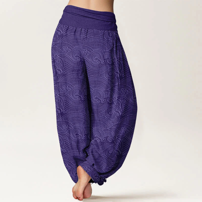 Buddha Stones Pure Cotton Fu Character Ocean Waves Women's Elastic Waist Harem Pants