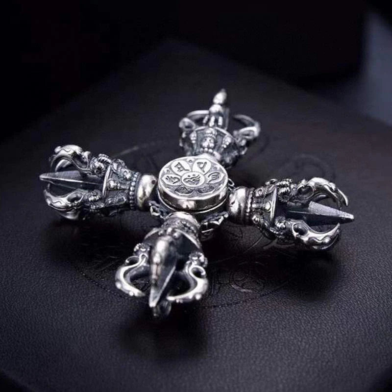 Buddha Stones Tibetan 925 Sterling Silver Double Dorje Vajra Engraved Spiritual Power Pendant