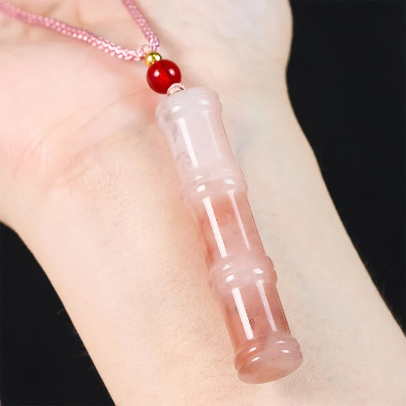 Buddha Stones Craved Bamboo Natural Pink Quartzite Jade Protection Necklace Pendant