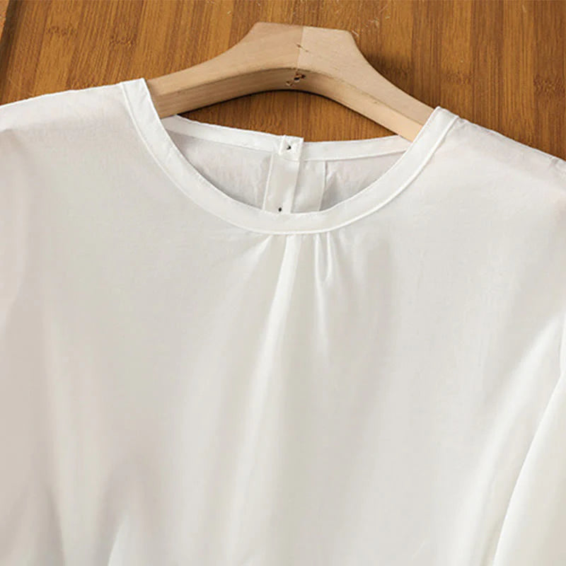 Buddha Stones Plain Lace Hem Single Breasted Button Cotton Linen Three Quarter Sleeve Women's Crew Neck Shirt
