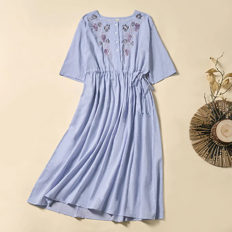 Buddha Stones Summer Grape Vine Embroidery Lace-up Design Short Sleeve Midi Dress With Pockets