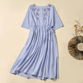 Buddha Stones Summer Grape Vine Embroidery Lace-up Design Short Sleeve Midi Dress With Pockets