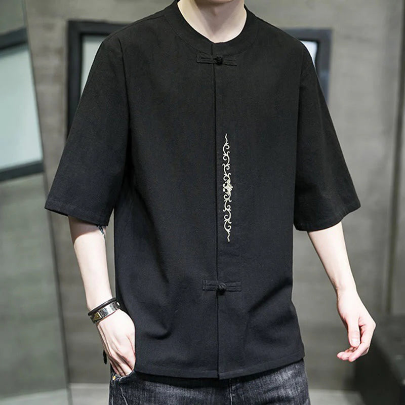 Buddha Stones Casual Solid Color Frog-Button Embroidery Men's Cotton Linen Shirt Cardigan