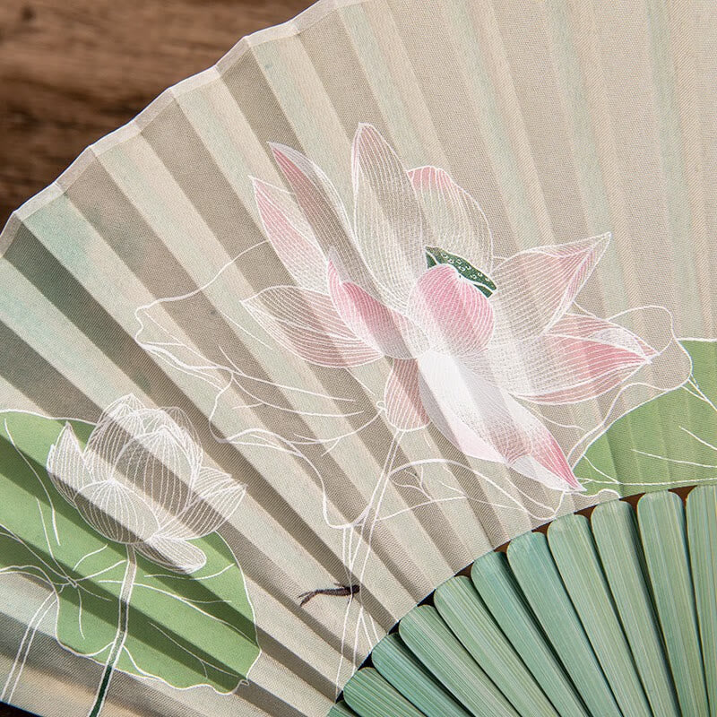 Buddha Stones Jasmine Lotus Begonia Flowers Handheld Bamboo Folding Fan (Extra 30% Off | USE CODE: FS30)