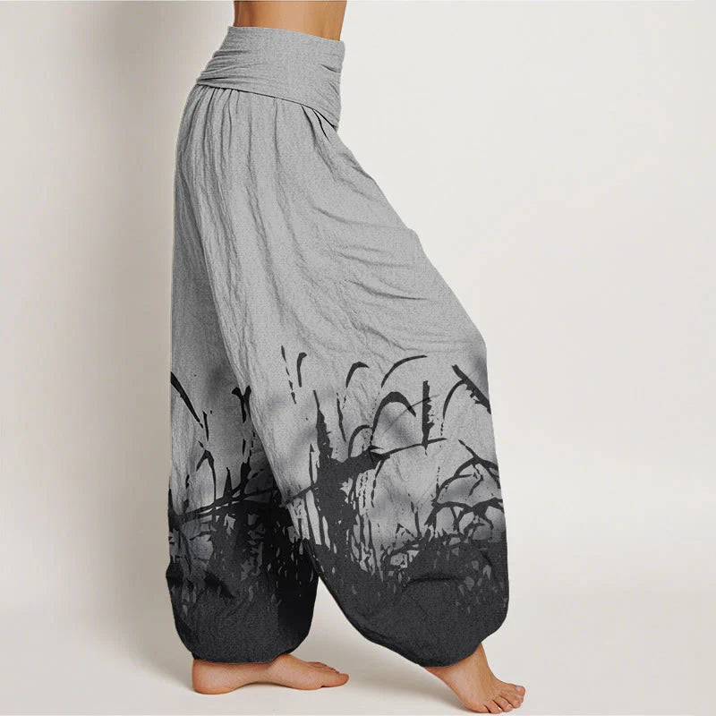 Buddha Stones Cotton Wild Grass Pattern Women's Elastic Waist Harem Pants