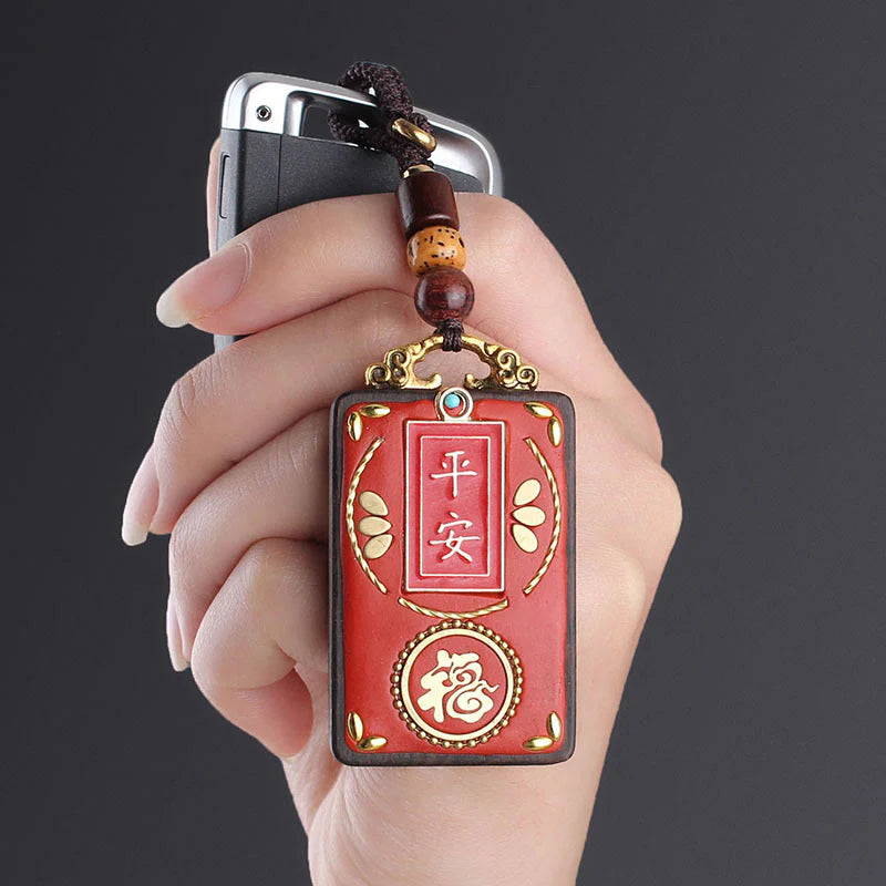 Buddha Stones Ebony Flower Koi Fish Fu Character Button Rope Key Chain