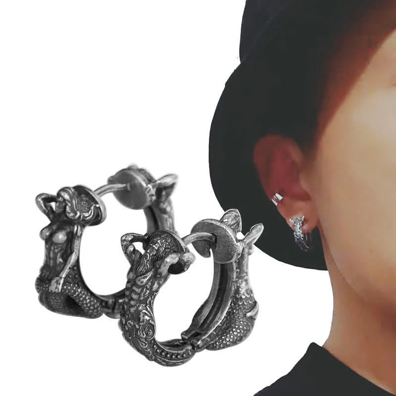 Buddha Stones 925 Sterling Silver Dragon Hoop Pattern Protection Earrings