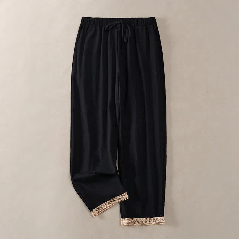 Buddha Stones Summer Lace-trimmed Hem Solid Color Women's Tapered Pants With Pockets