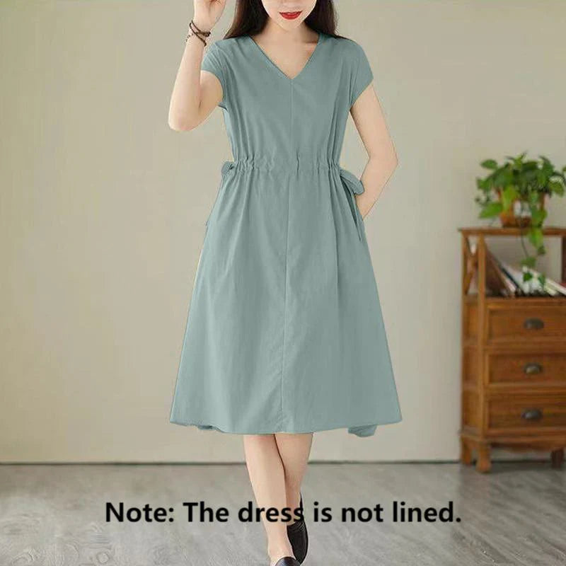 Buddha Stones Pure Color Lace-Up Short Sleeve Cotton Linen Midi Dress With Pockets