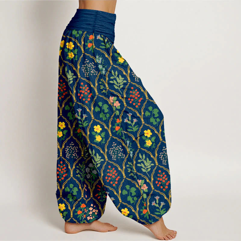Buddha Stones Pure Cotton Brilliant Flowers Berries Leaves Pattern Women's Elastic Waist Harem Pants