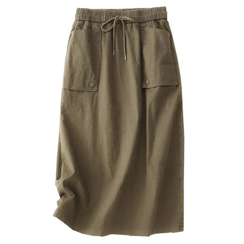 Buddha Stones Vintage Plain Drawstring Button Design Slide Slite Women's Cotton Linen 7-8 Length Skirt With Pockets