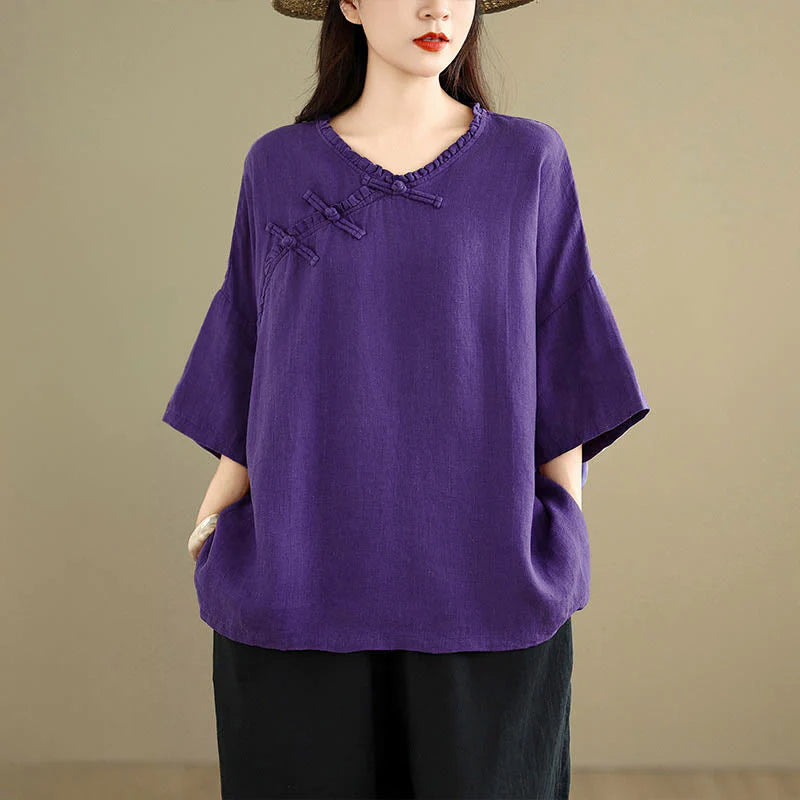Buddha Stones Spring V-Neck Frog-Button Long Sleeve Plain Women's Cotton Shirt