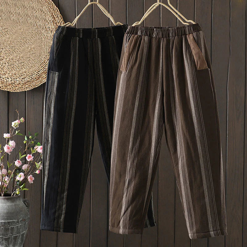 Buddha Stones Commute Thermal Striped Cotton Women's Harem Pants With Pockets
