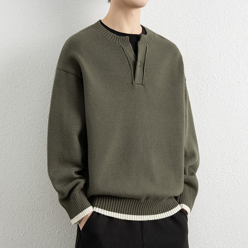 Buddha Stones Winter V-Neck One Button Design Warm Men's Long Sleeve Knitted Sweater