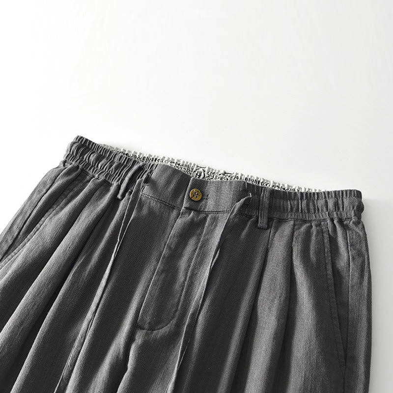 Buddha Stones Fall Solid Drawstring Zipper Men's Linen Wide Leg Pants With Pockets