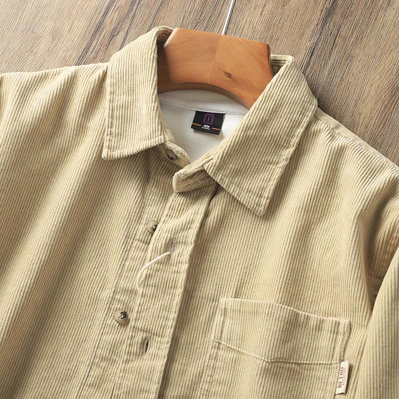 Buddha Stones Lapel Corduroy Solid Color Men's Long Sleeve Cotton Thickened Jacket With Pockets