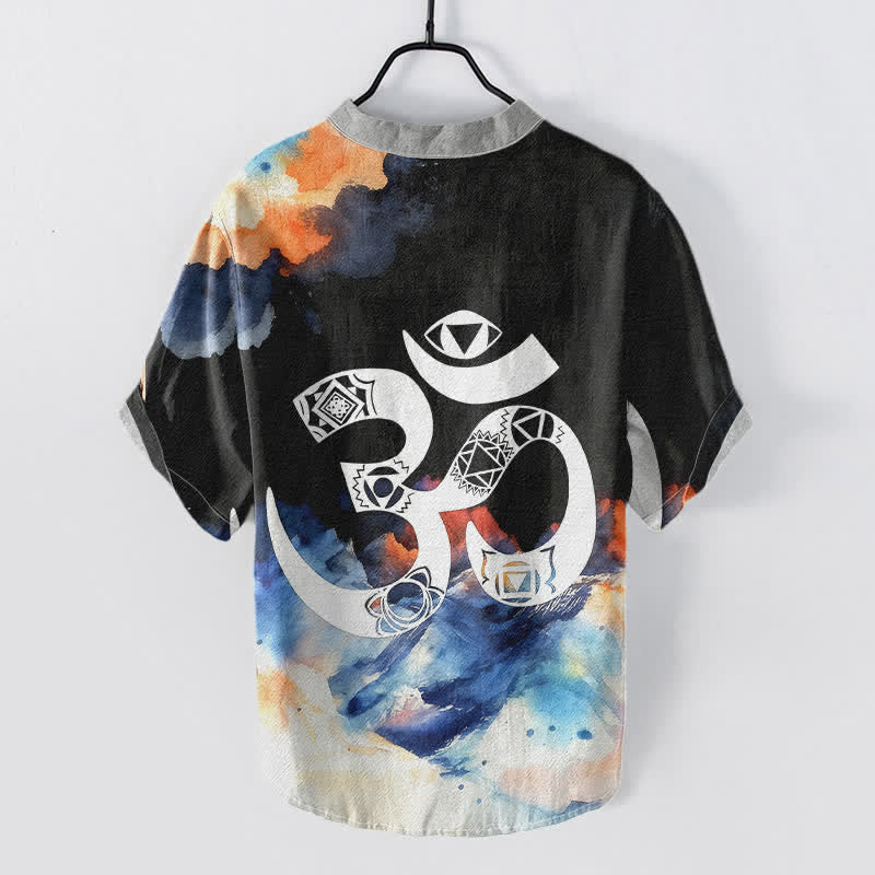 Buddha Stones Cotton Om Chakra Emblem Men's Short Sleeve Half Button Shirt