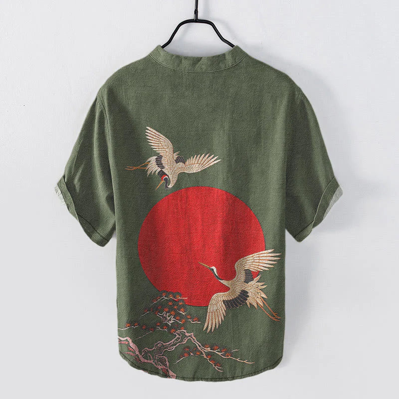 Buddha Stones Cotton Simple Crane Red Sun Pine Pattern Men's Short Sleeve Half Button Shirt