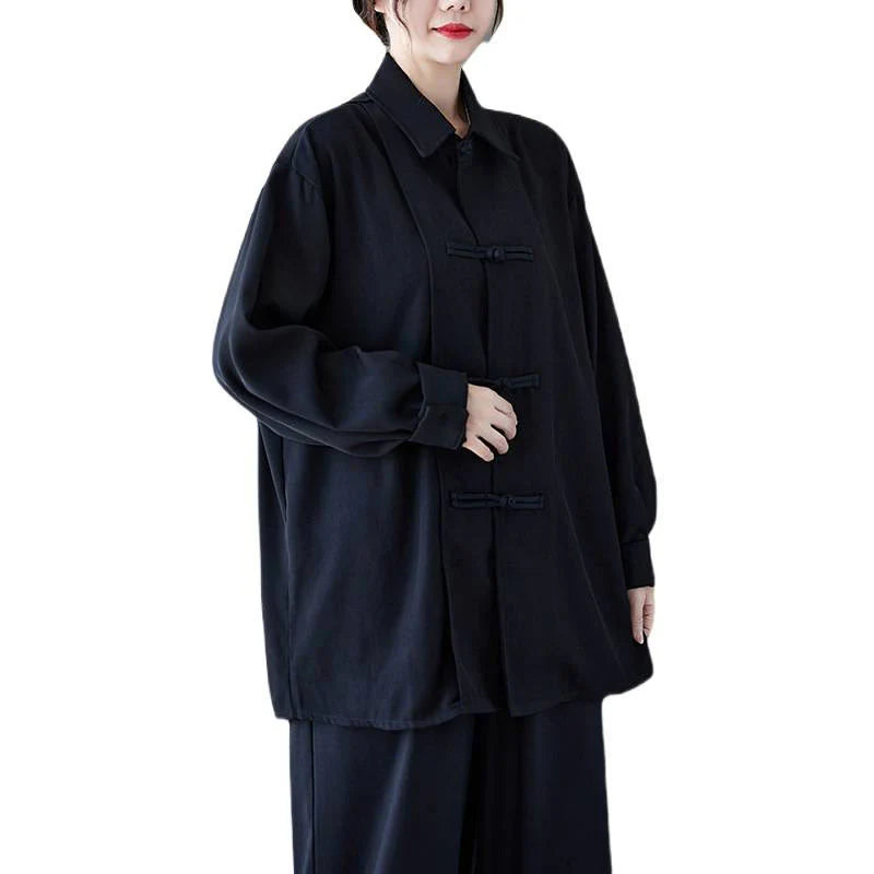 Buddha Stones Black Plain Frog-Button Lapel Women's Cotton Long Sleeve Shirt