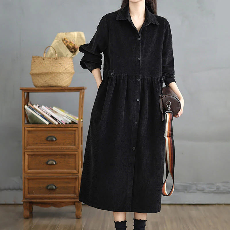 Buddha Stones Plain Buttons Long Sleeve Women's Cotton Corduroy Coat With Pockets