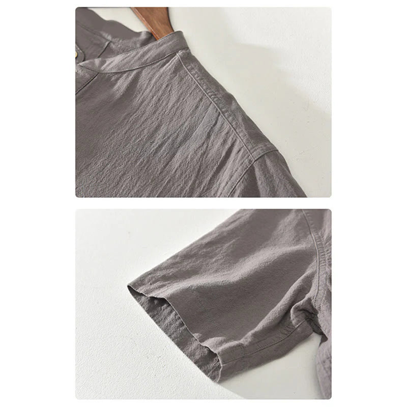 Buddha Stones Solid Color Short Sleeve Half Button Shirt Cotton Men Clothing