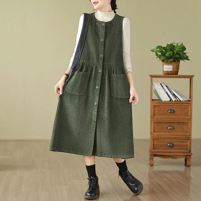 Buddha Stones Fall Retro Buttons Design Corduroy Sleeveless Midi Dress With Pockets