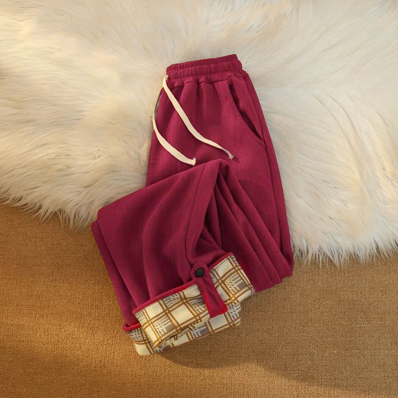 Buddha Stones Women's Patchwork Cotton Corduroy Fleece-Lined Wide Leg Pants With Pockets