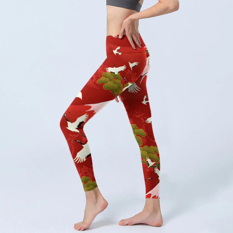 Buddha Stones Crane Mount Fuji Pine Tree Pattern Print Gym Leggings Women's Yoga Pants