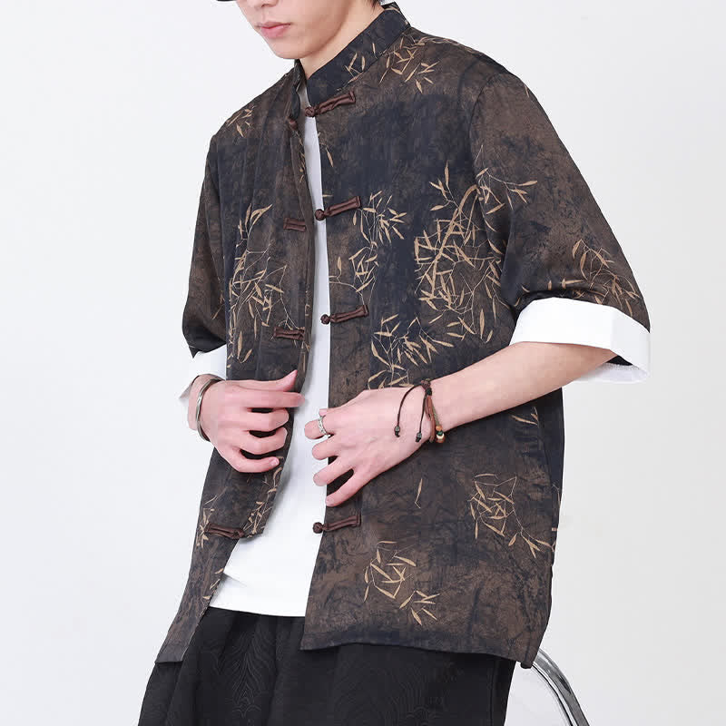 Buddha Stones Summer Bamboo Print Mandarin Collar Frog Buttons Men's Elbow-Length Sleeve Shirt