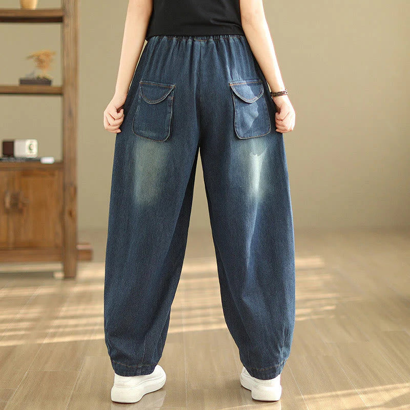 Buddha Stones Casual DarkSlateBlue Plain Drawstring Cotton Women's Harem Pants With Pockets