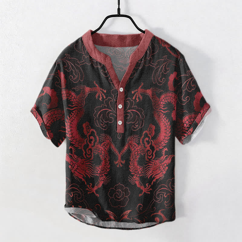 Buddha Stones Cotton Dragon Cloud Emblem Men's Short Sleeve Half Button Shirt