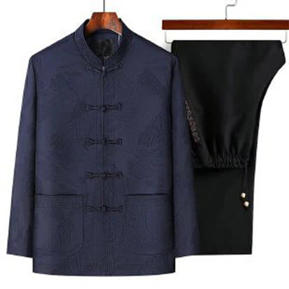 Buddha Stones 2Pcs Commute Tang Suit Frog-Button Men's Long Sleeve Shirt Pants Cotton Clothing Set