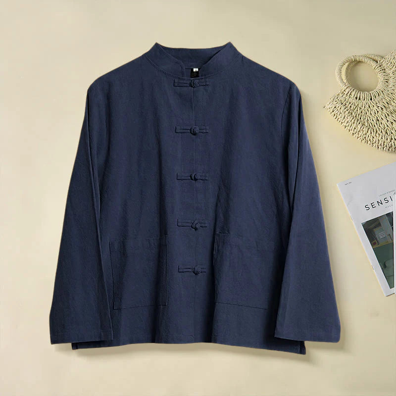 Buddha Stones Ethnic Frog-Button Long Sleeve Stand Collar Women's Cotton Shirt With Pockets