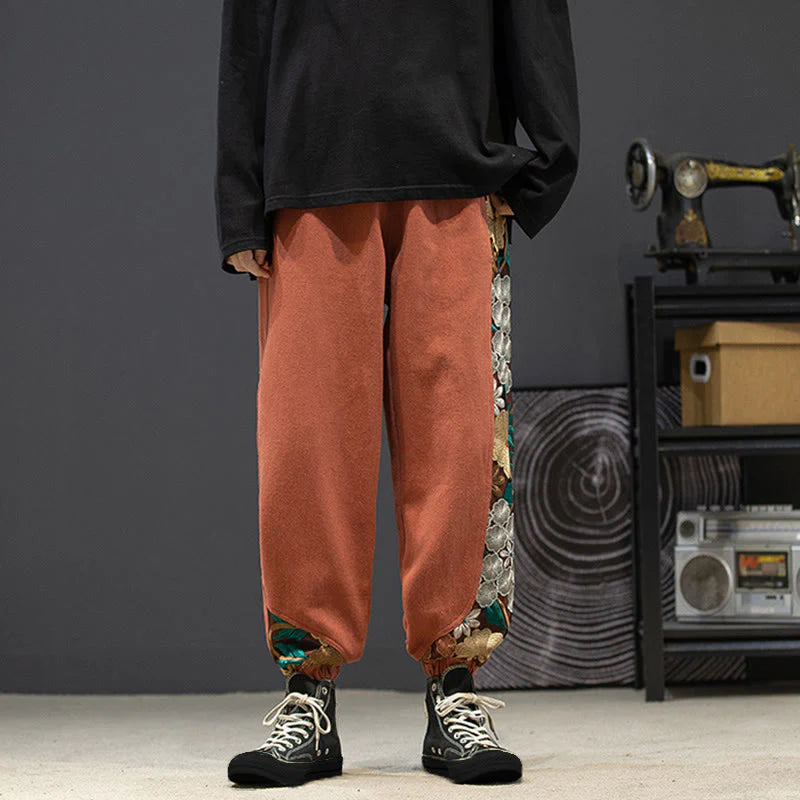 Buddha Stones Spring Men's Embroidered Flower Pattern Patchwork Cotton Pants With Pockets