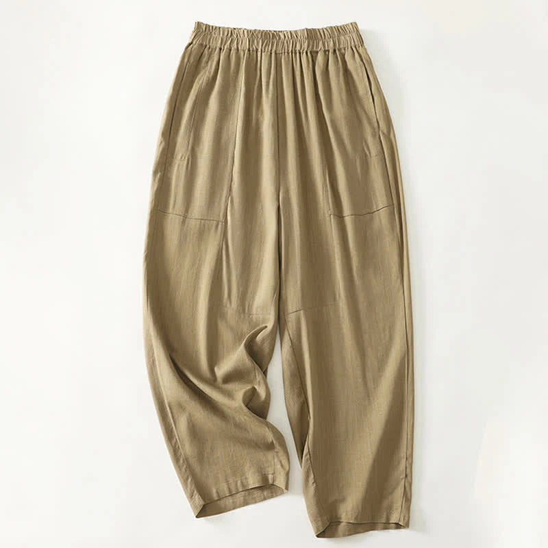 Buddha Stones Spring Solid Color Elastic Waist Cotton Women's Straight Leg Pants With Pockets