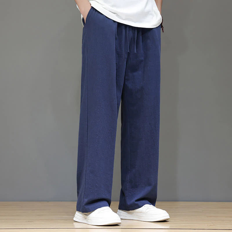 Buddha Stones Summer Men's Cotton Linen Straight Leg Pants With Pockets