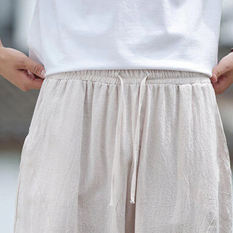 Buddha Stones Solid Drawstring Men's Elastic Waistband Cotton Linen Pants With Pockets