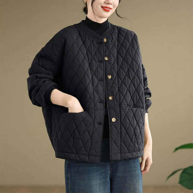 Buddha Stones Diamond Grid Pattern Women's Long Sleeve Cotton Thickened Jacket With Pockets