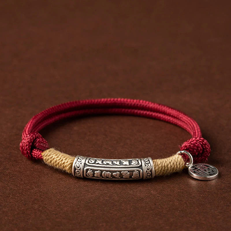 Buddha Stones 999 Sterling Silver Tibet Handmade Om Mani Padme Hum Fu Character TopRank Character Luck Braided Bracelet