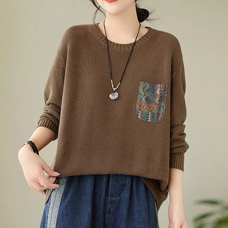 Buddha Stones Fall Floral Decorative Pocket Pattern Knitted Cotton Women's Long Sleeve Sweater